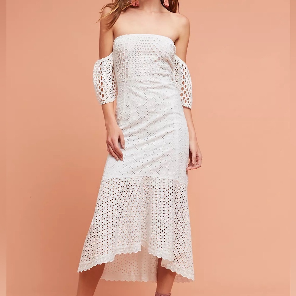 NWT Farm Rio Anthropologie Off Shoulder Eyelet Midi Lace dress white L PETITE